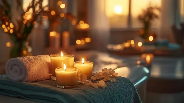 Rolled towels and scattered flower petals sit beside glowing candles in a softly lit home spa room.