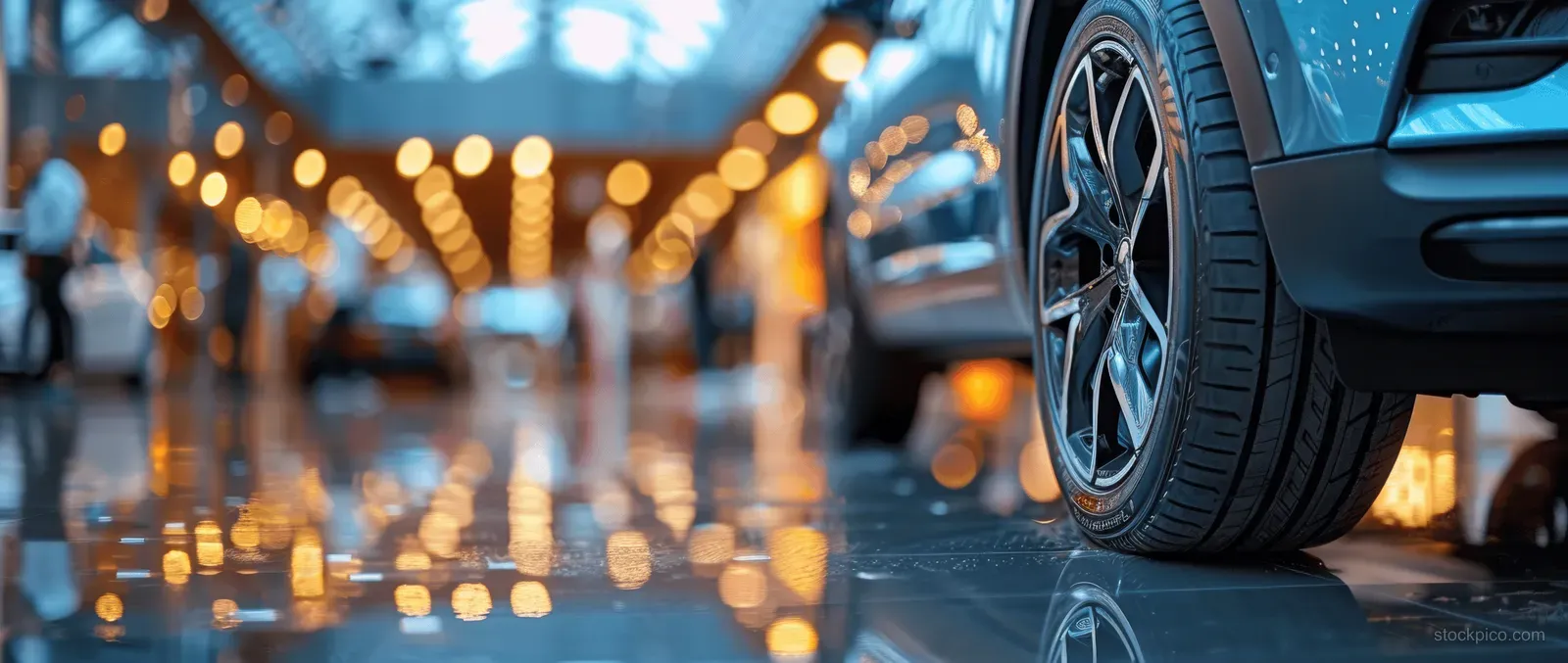 A modern car wheel rolls along a wet nighttime street with blurred city lights behind.