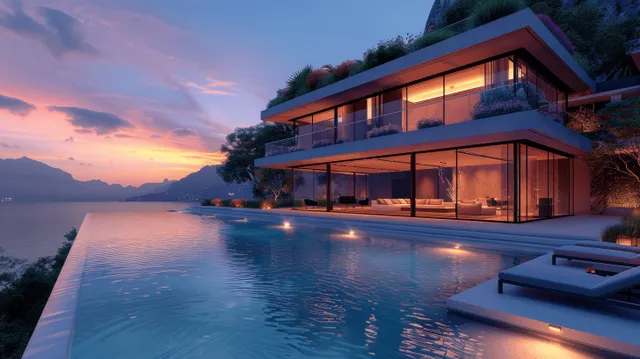 Modern luxury villa by the sea at sunset with infinity pool and glass balcony views