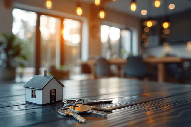 A small house model and keyring rest on an office desk with blurred buildings in the background.