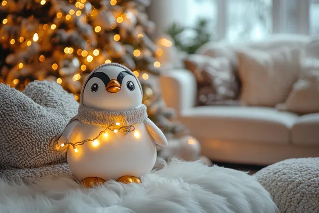 A glowing plush penguin holiday light sits on a sofa blanket while warm string lights and decor fill the background.