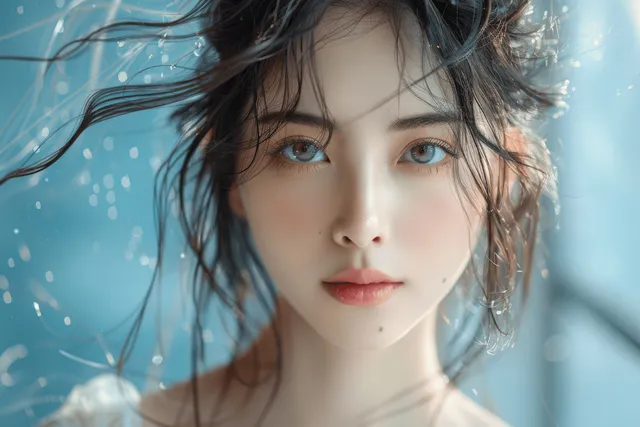 Asian woman in a white dress with damp hair and water droplets, photographed in soft studio light against a blue background.