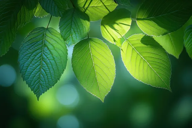 Chestnut leaves backlit by soft spring sunlight with detailed veins and a blurred green garden background.
