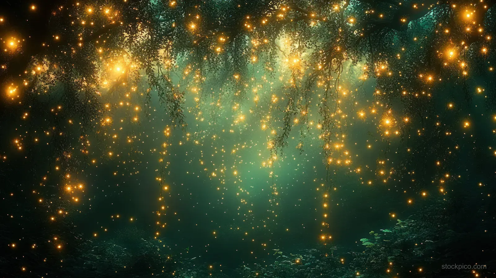 Golden fairy lights hang from tree branches in a dark forest, casting a warm glow over green leaves.