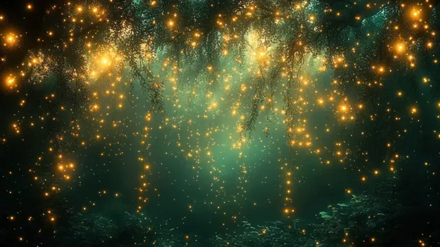 Mystical night forest with golden hanging lights glowing through dense green foliage