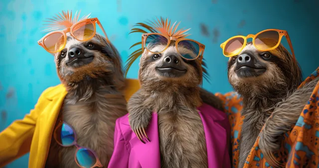 Three sloths wearing colorful outfits and sunglasses pose together against a bright turquoise background.
