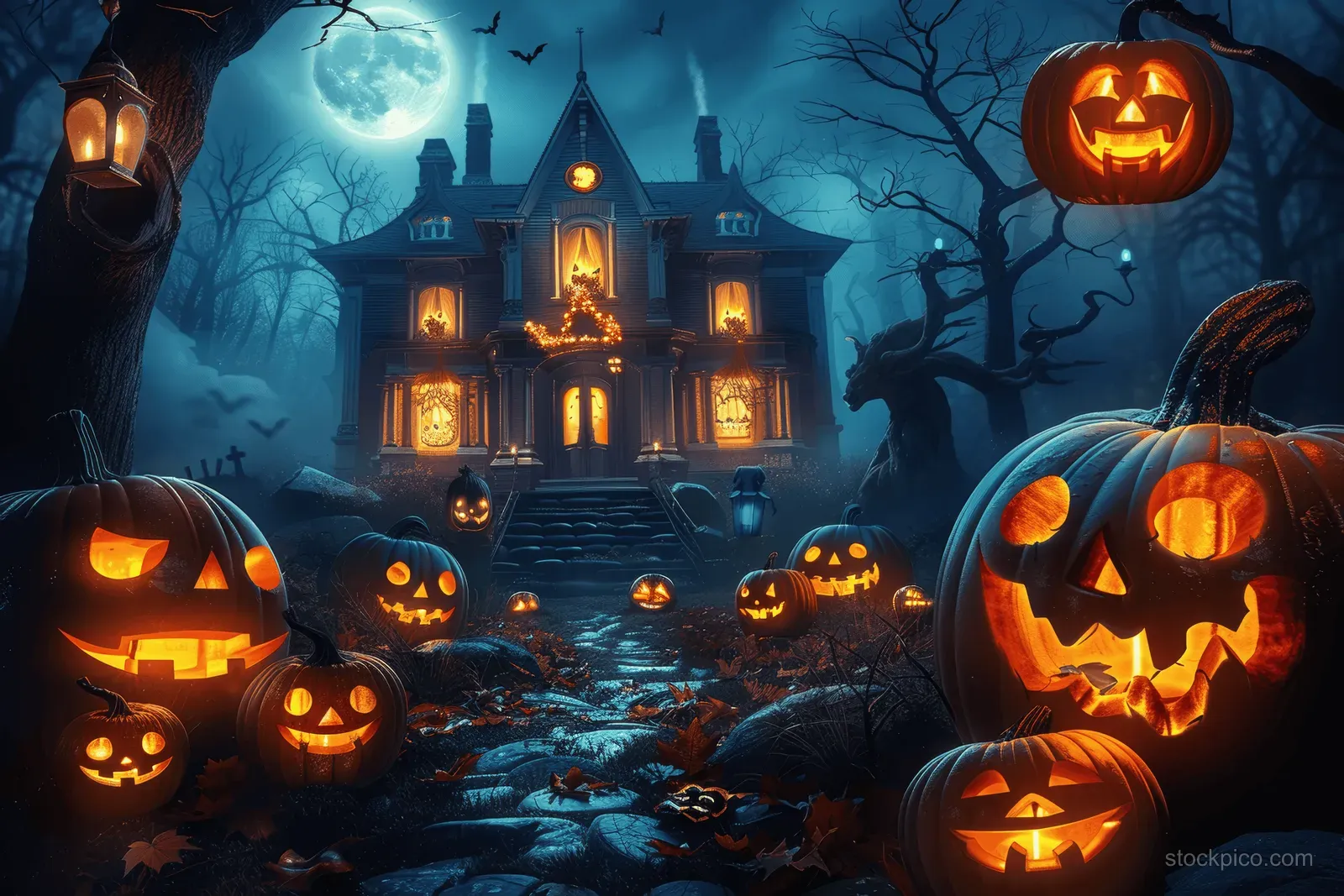 A haunted house at night with glowing jack-o-lanterns and a full moon above dark trees.