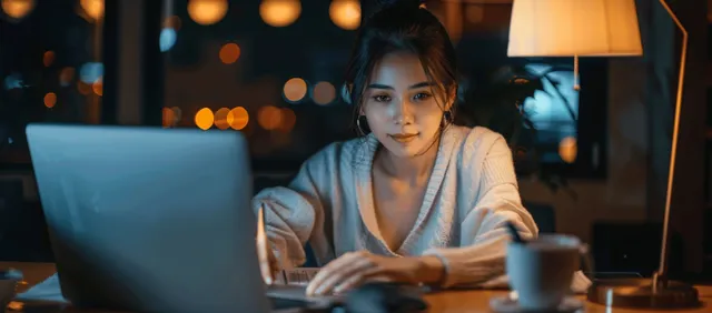 Young Asian businesswoman working late at night at a home office desk, laptop in use