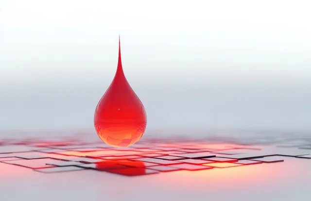 Glossy red droplet hovers above glowing red-and-black grid on smooth white surface