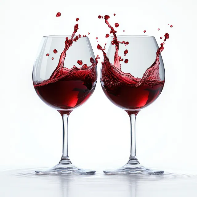 Two red wine glasses clink with a splash and scattered droplets over a white background.