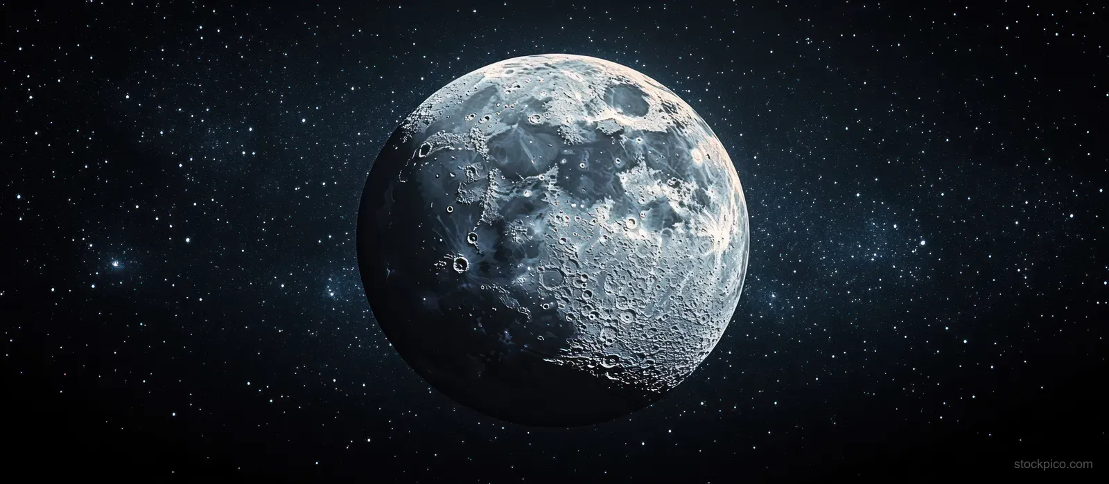 The moon’s cratered surface floats against a dark starry night sky with visible shadows and texture.