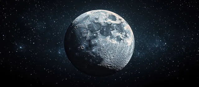 The moon’s cratered surface floats against a dark starry night sky with visible shadows and texture.