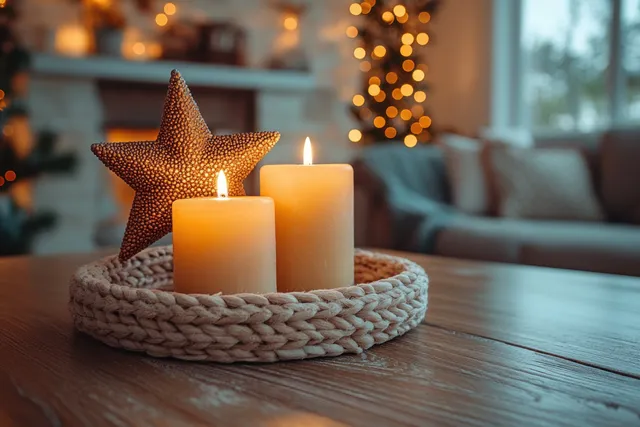 Star-topped candles on a knitted coaster glow on a wooden table with blurred Christmas lights in the living room.