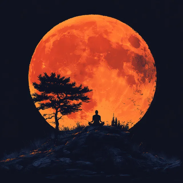 A meditating Buddha silhouette sits on a rocky hill under a glowing orange full moon and dark tree silhouettes.