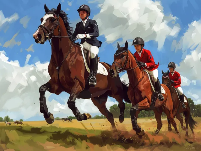 Three eventing riders gallop across an open field in competition
