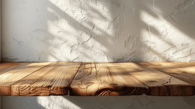 Sunlit wooden tabletop on textured wall, rustic plank pedestal with crisp shadows