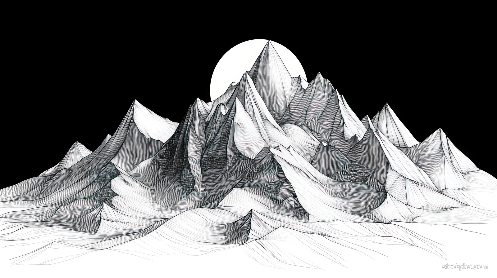 Monochrome line art mountain peaks and ridges under a full moon with a dark night sky.