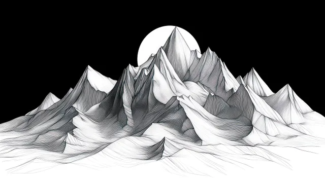 Monochrome mountain line art with sharp peaks under a bright full moon at night