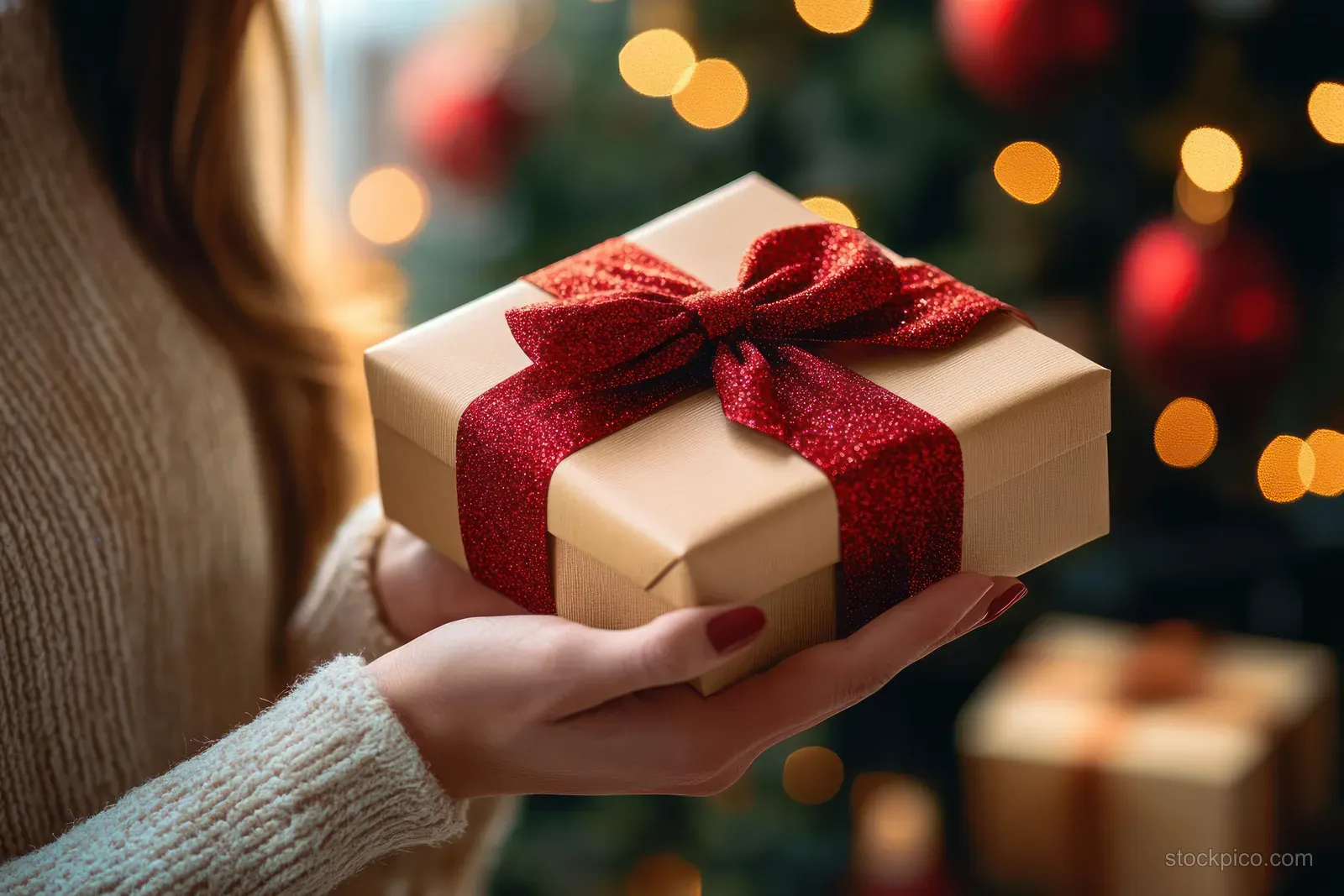 Close-up of hands holding a wrapped gift box with a red ribbon in front of glowing Christmas tree bokeh lights.