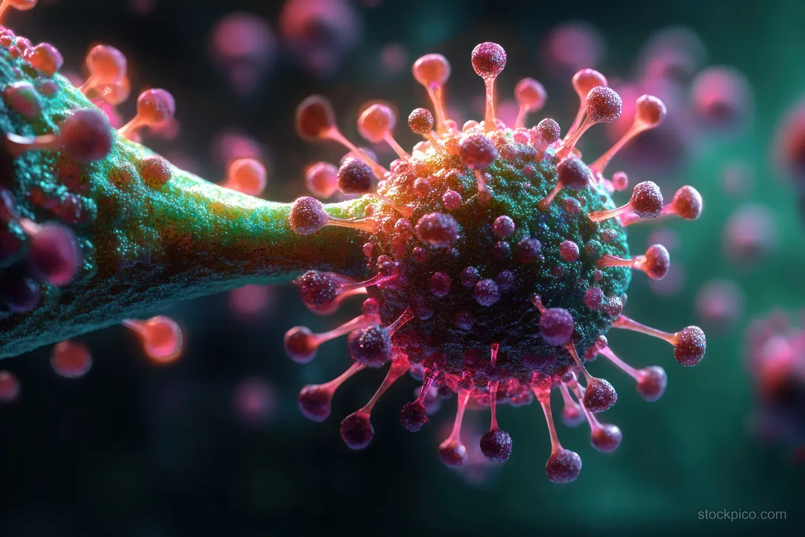 A close-up spherical virus particle with glowing red-orange spike protrusions floats against a dark green-blue background.