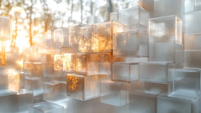 Transparent geometric cubes glowing in sunlight on a bright abstract background