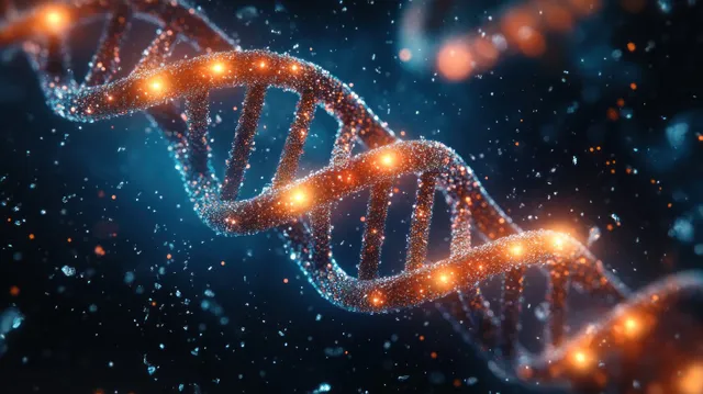 A glowing digital DNA double helix with illuminated segments floats across a dark, particle-filled background.
