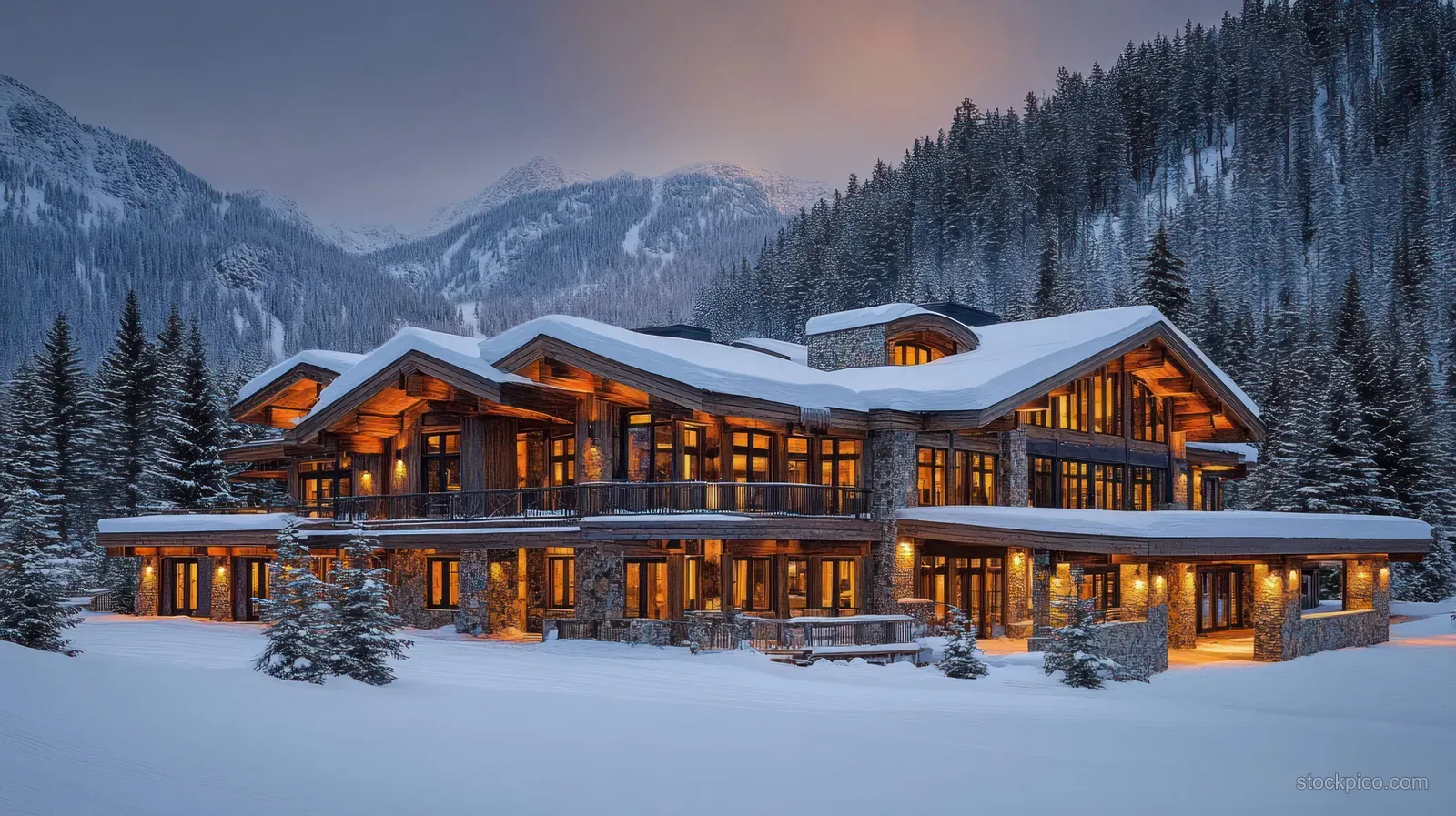 A snow-covered wooden mountain lodge glows with warm lights at dusk among pine trees.