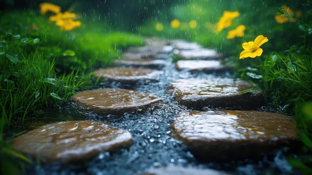 Rainwater streams over a stone walkway in a grassy garden, with droplets splashing and wet rocks clearly textured.