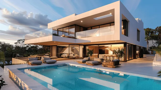 Modern villa exterior with an infinity pool, terrace lounge seating, and sunset sky reflections.