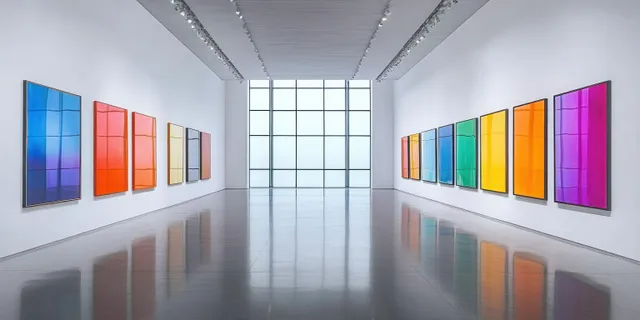 Framed color-block minimalist paintings hang on white gallery walls with reflections on a polished floor.