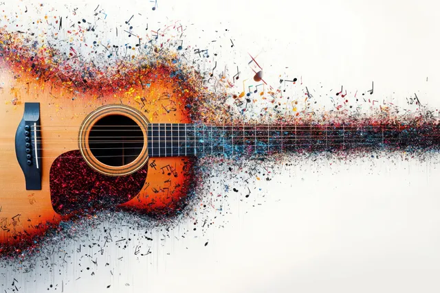 Acoustic guitar with floating colorful music notes splashing across a white abstract backdrop