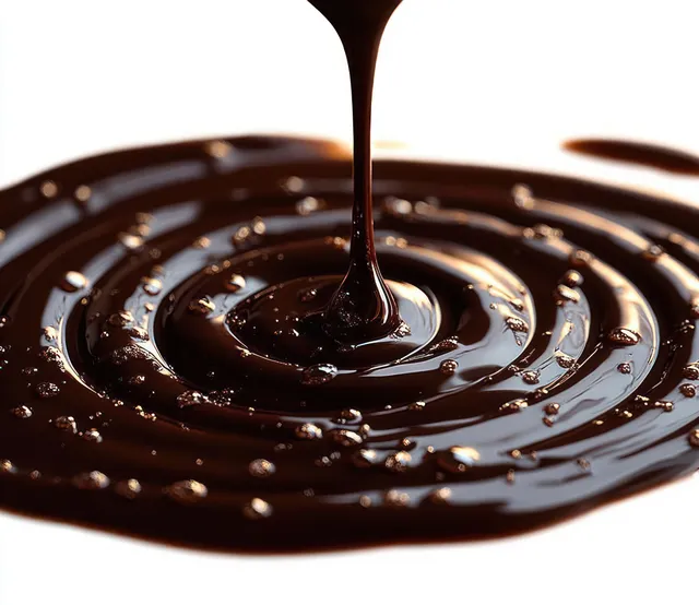 Glossy dark chocolate pours into a pool, creating swirling ripples and bubbles on a white background.