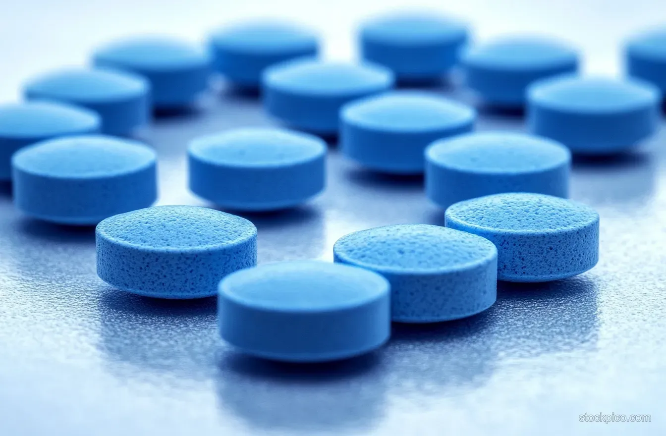 Round blue tablets scattered on a reflective surface with visible texture under soft lighting.
