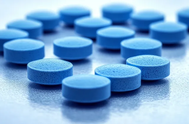 Close-up of scattered blue tablets on reflective surface with soft-lit texture detail