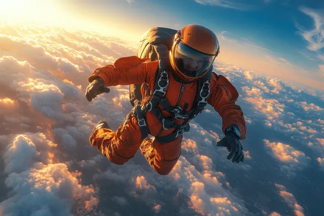 Senior man skydiving in orange suit with parachute gear over clouds at sunset