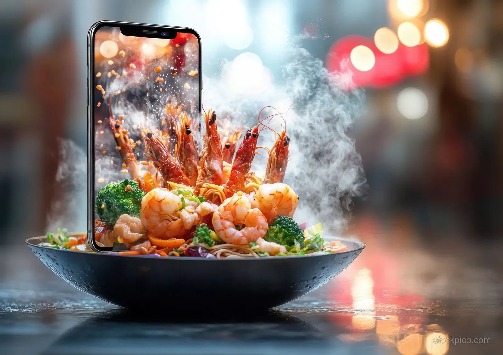 Steaming shrimp and broccoli pasta in a bowl with a smartphone showing smoky fiery shrimp rising from the food.