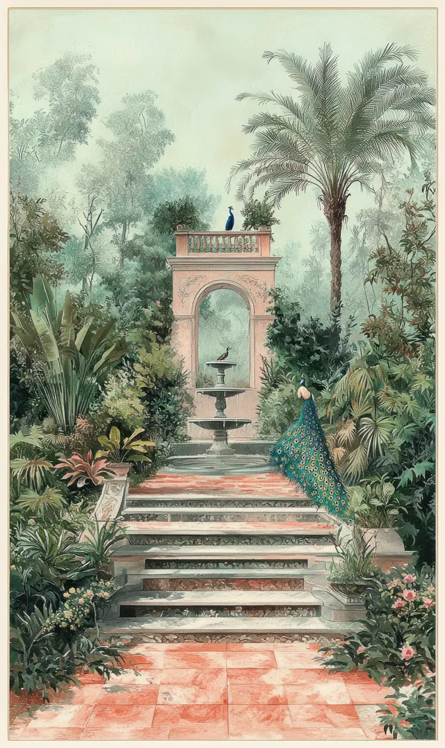 Illustration of a garden path with fountain steps, archway, and surrounding palms and green plants.