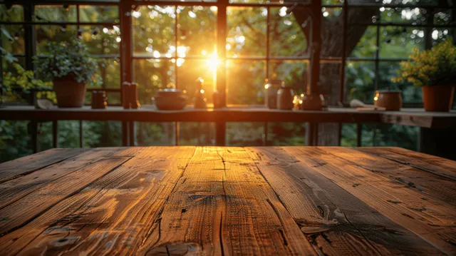 Empty wooden tabletop in sunlit cafe with blurred window view and warm bokeh highlights