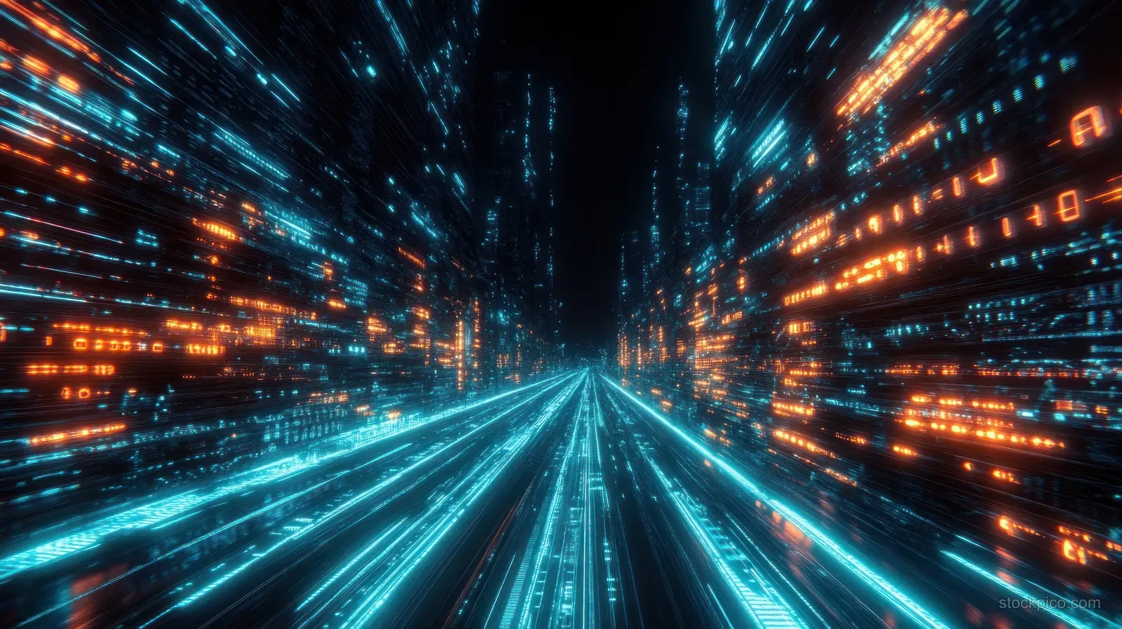 Neon blue and orange light streaks run through a futuristic city tunnel.