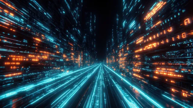 Neon city tunnel streaking with blue and orange data lights