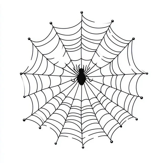 Symmetrical spider web line art with bold radial threads and knot center on white