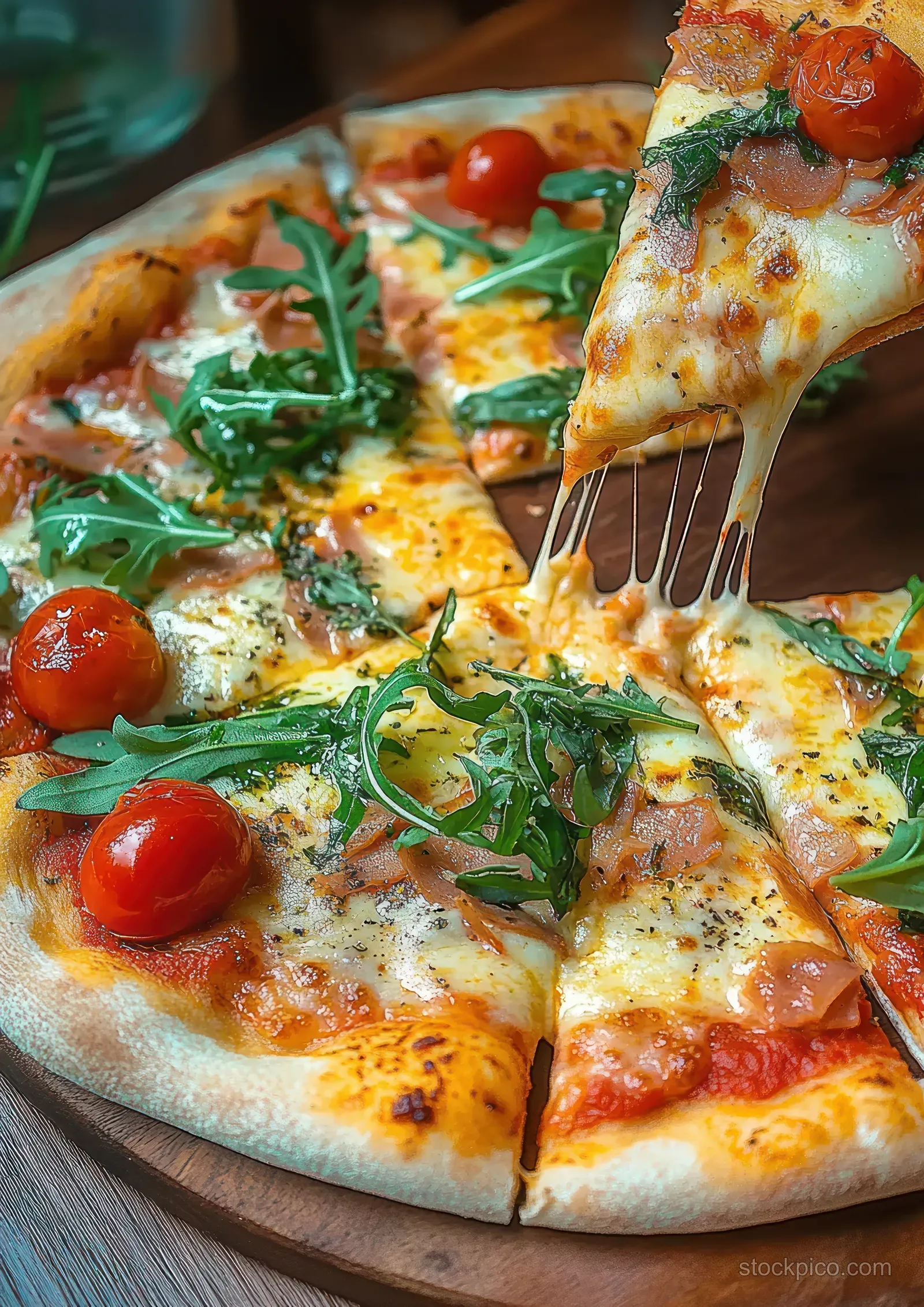 Close-up of an Italian pizza slice lifted from a wooden table with arugula, cherry tomatoes, and basil.