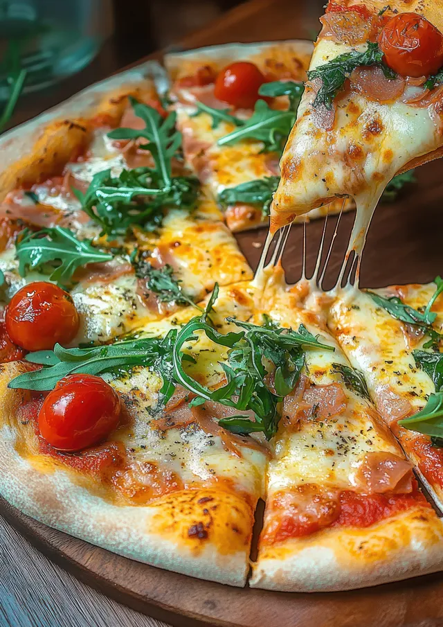 Italian pizza slice being lifted with arugula, cherry tomatoes, basil on wooden table