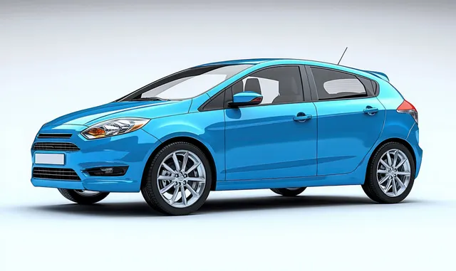 Blue hatchback car in side profile isolated on a white background with visible wheels and front grille.