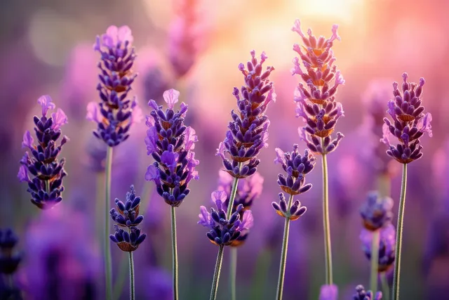 Close-up of blooming lavender flower spikes with rich purple petals illuminated by warm morning sunlight.