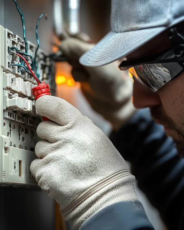 An electrician in white gloves connects wires inside an electrical panel with tools visible near illuminated terminals.