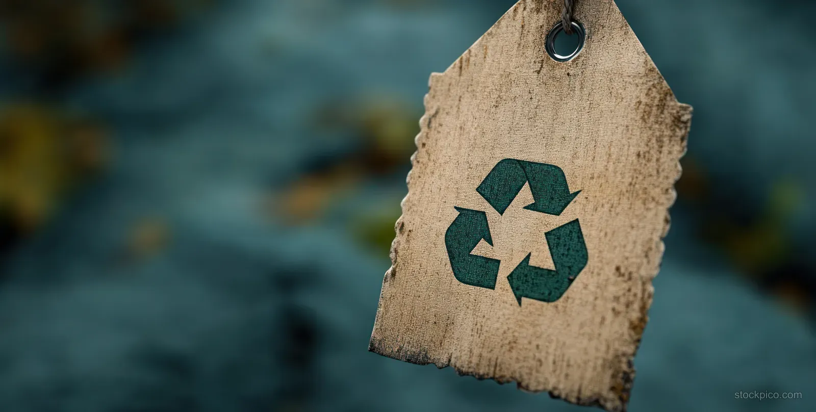 A worn paper tag with a green recycling symbol hangs against a blurred outdoor background.