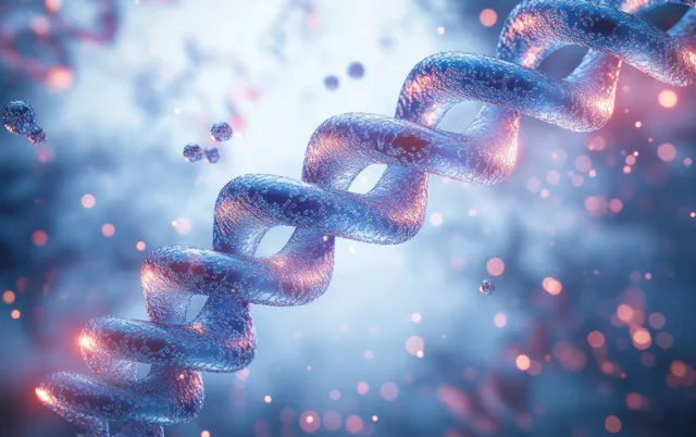 3D DNA helix molecule glowing in a lab research background with particles