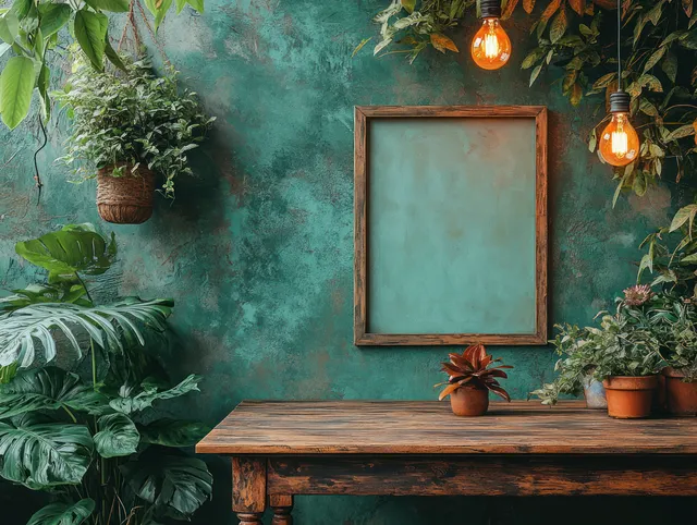 Cozy dining room scene with rustic wooden table and empty frame on green wall