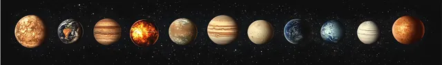 Row of solar system planets and exoplanet-like worlds on a starry black space backdrop